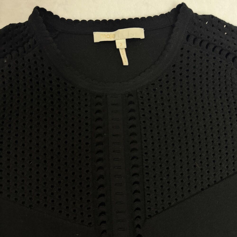 Maje Sweater Womens 2 Black Open Knit Crewneck 3/4 Sleeve Pullover Scallop Trim